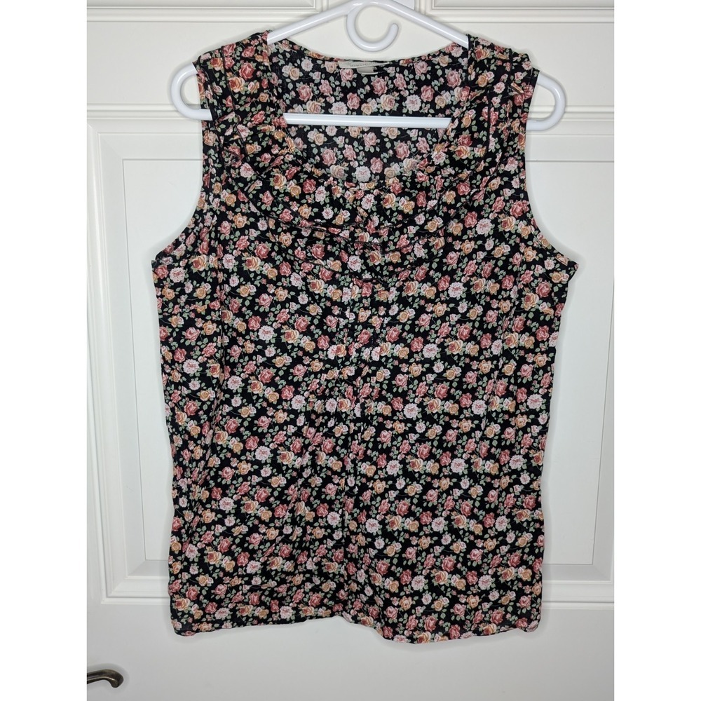 Dressbarn Black Pink Roses Ruffle Pleated Sleeveless Cotton Blouse Women's XL* - Picture 2 of 8